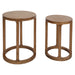 [Brand] wooden nesting tables with circular tops, two sizes.