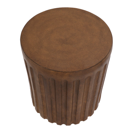 [Brand] round brown ribbed stool with a smooth top.