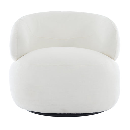 [Brand] off-white round swivel chair with plush backrest.
