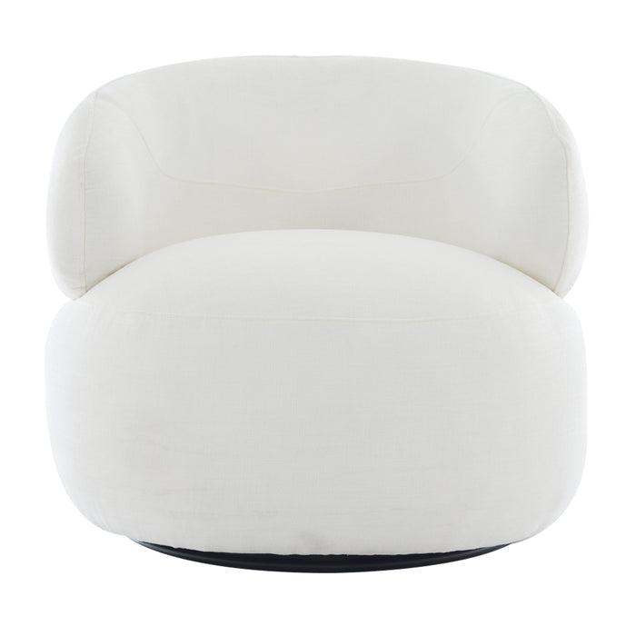 [Brand] off-white round swivel chair with plush backrest.
