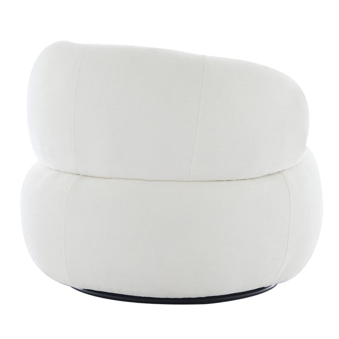 Round, plush white swivel chair back view by [Brand].