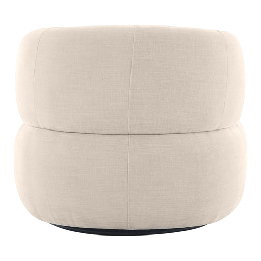 [Brand] beige round ottoman with soft, plush upholstery design.
