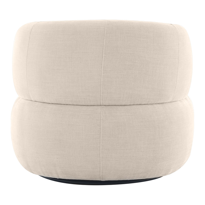 [Brand] beige round ottoman with soft, plush upholstery design.