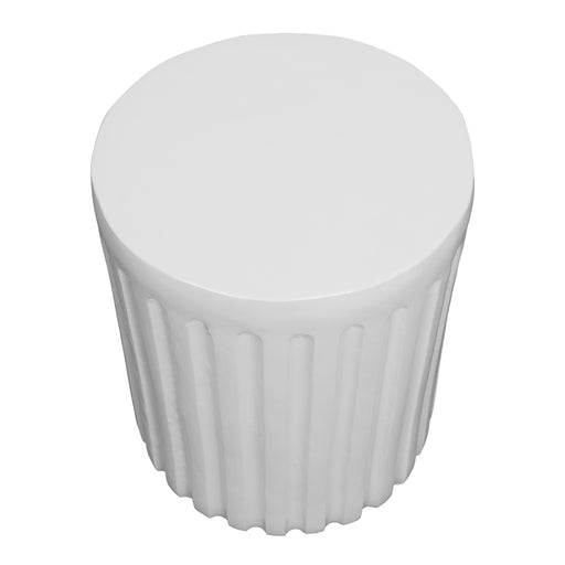 White cylindrical [Brand] stool with vertical fluted design.
