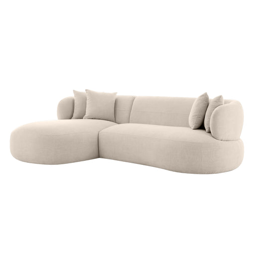 Curved beige sectional sofa with cushions, by [Brand].