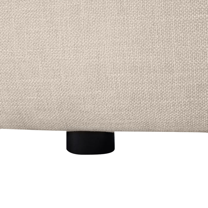 [Brand] beige textured fabric with black circular wooden leg.