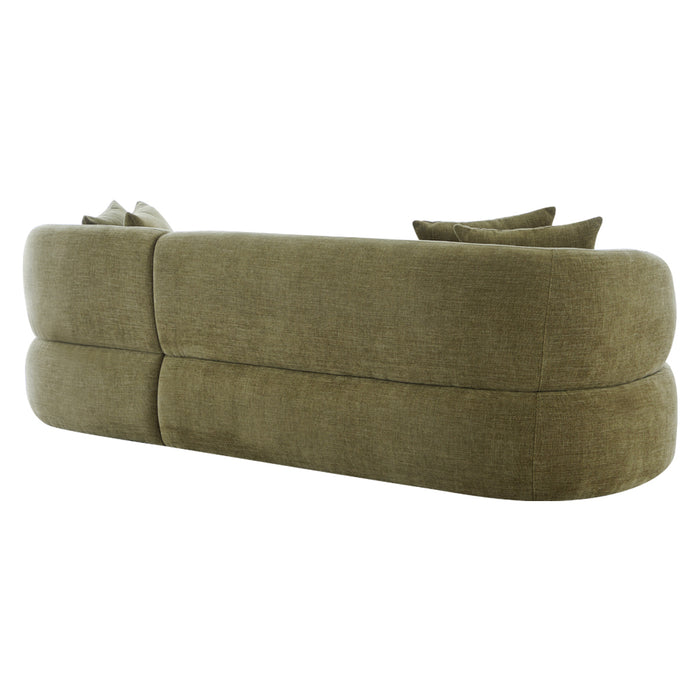 [Brand] olive green curved sofa with matching decorative pillows.