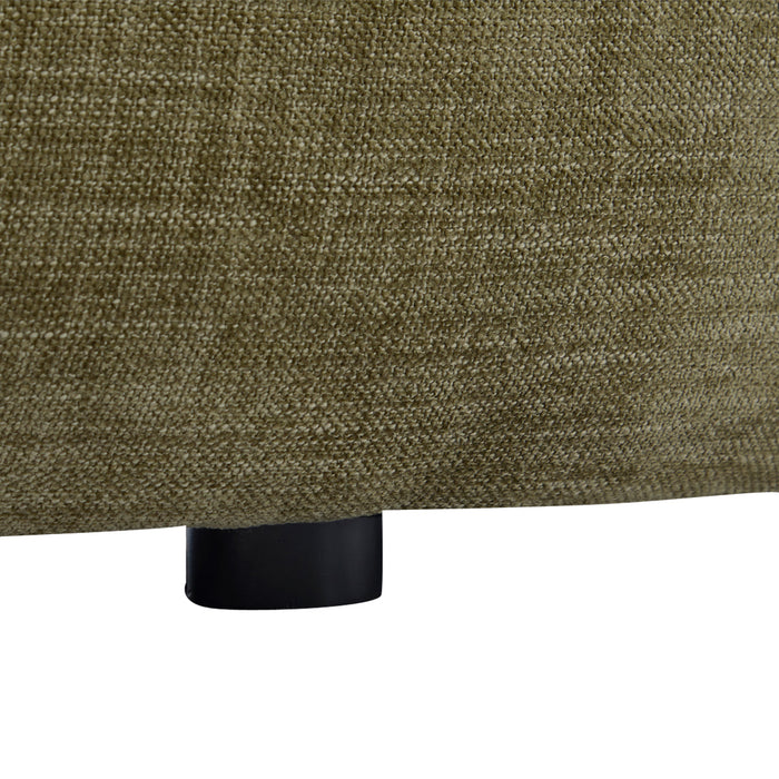 [Brand] olive green textured fabric with black cylindrical leg.