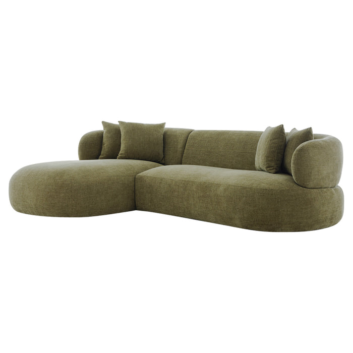 Olive green sectional sofa with pillows by [Brand], modern design.