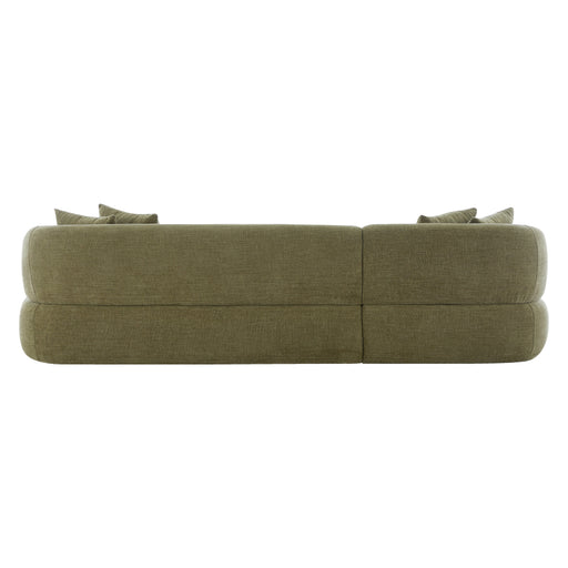 [Brand] olive green sofa with plush cushions, side view.