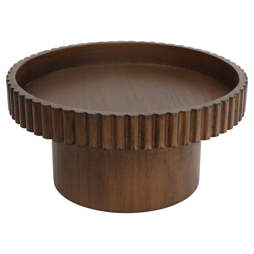 [Brand] wooden pedestal with ridged trim and round base.