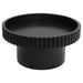 [Brand] black round coffee table with grooved top design.