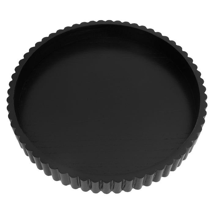 [Brand] black round tray with ridged edges, minimalist design.