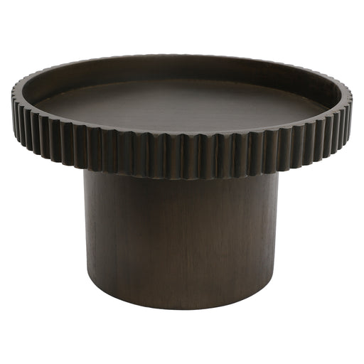 [Brand] dark brown round table with ribbed edge design.