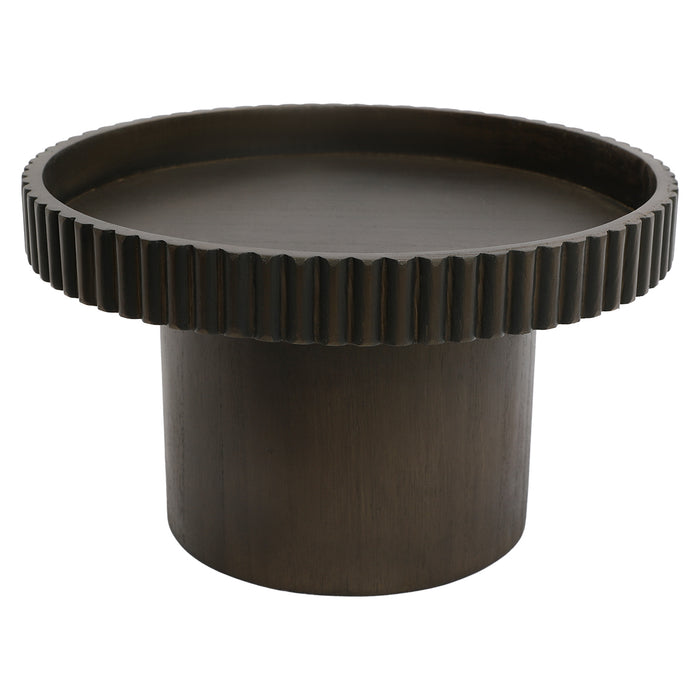 [Brand] dark brown round table with ribbed edge design.