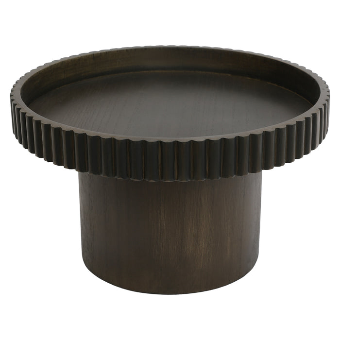 [Brand] dark wooden table with cylindrical base and grooved edge.