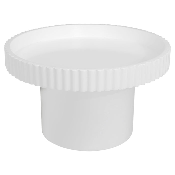 [Brand] white ribbed plastic lid with cylindrical base, isolated.