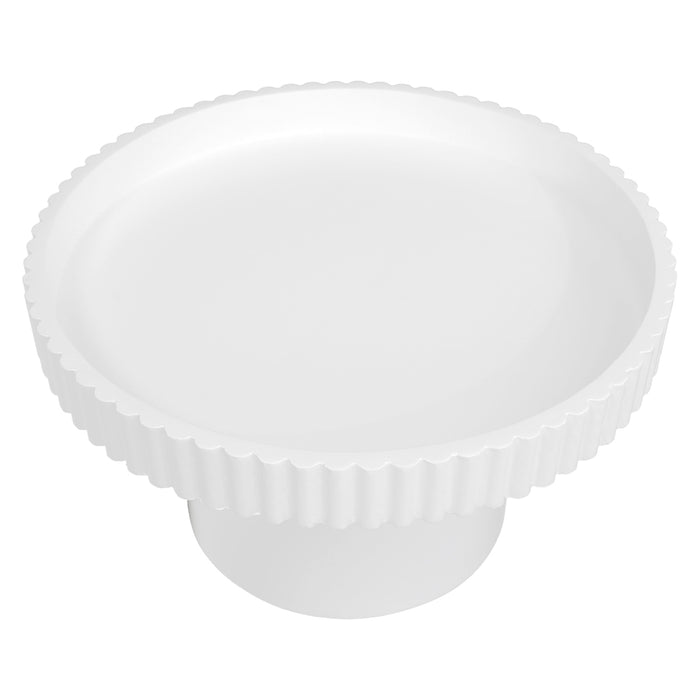 [Brand] white, round cake stand with scalloped edges, elevated.