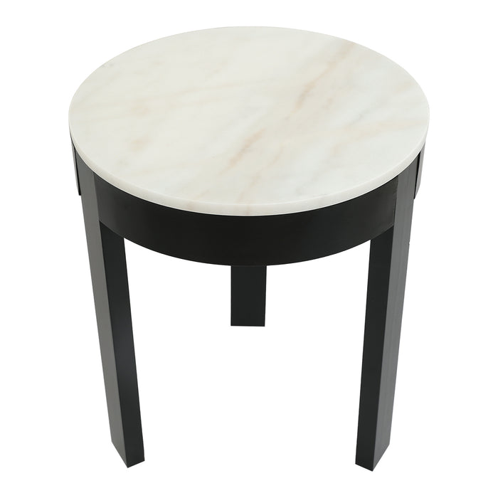 [Brand] round table with marble top and black legs.