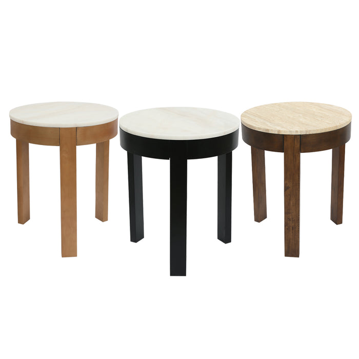Three [Brand] round side tables in different wood finishes.