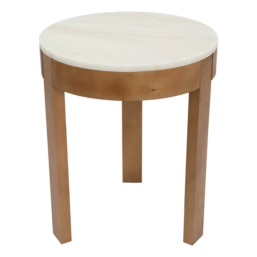 [Brand] round wooden table with white marble top, three-legged.