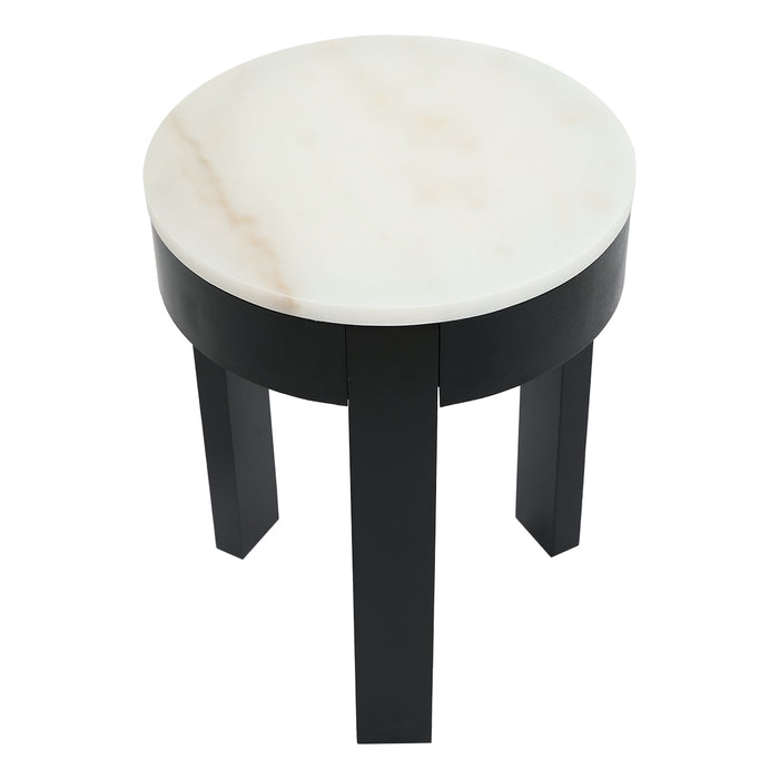 [Brand] round side table, marble top, black wooden legs.