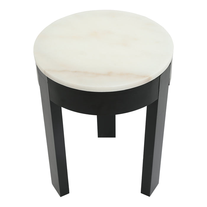 [Brand] round stool with marble top and black legs.