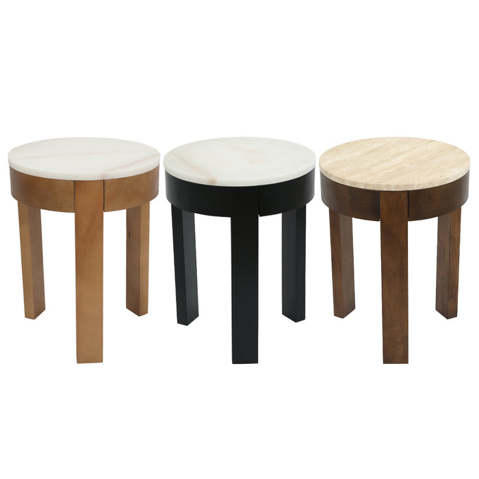 Three [Brand] stools with different finishes and marble tops.