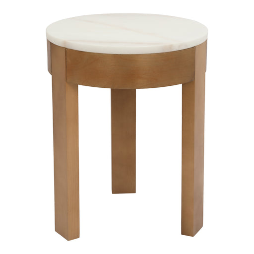 [Brand] round wooden stool with a white marble top.
