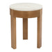 [Brand] round wooden stool with a white marble top.