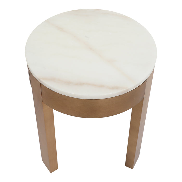 A [Brand] round table with marble top and gold legs.