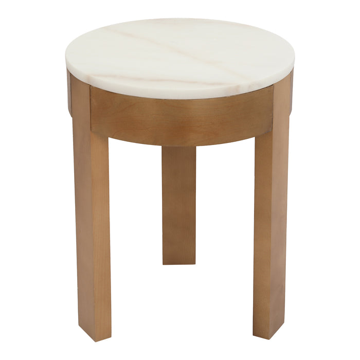 [Brand] round wooden stool with white marble top surface.