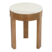 [Brand] round wooden stool with white marble top surface.