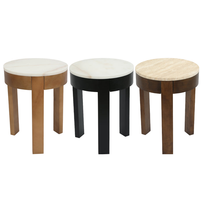 Three [Brand] round stools with diverse wooden finishes displayed.