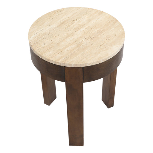 [Brand] round wooden table with light stone top surface.