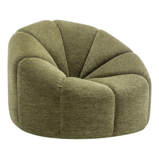 [Brand] green, plush, modern, semi-circular upholstered chair, stylish design.