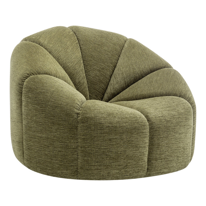 [Brand] green, plush, modern, semi-circular upholstered chair, stylish design.
