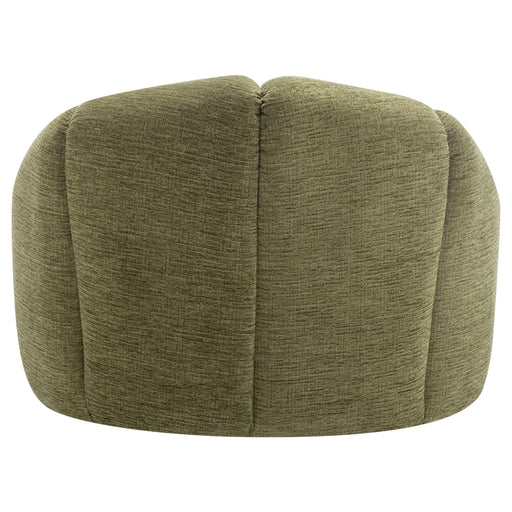 [Brand] olive green textured ottoman with curved cushioned design.