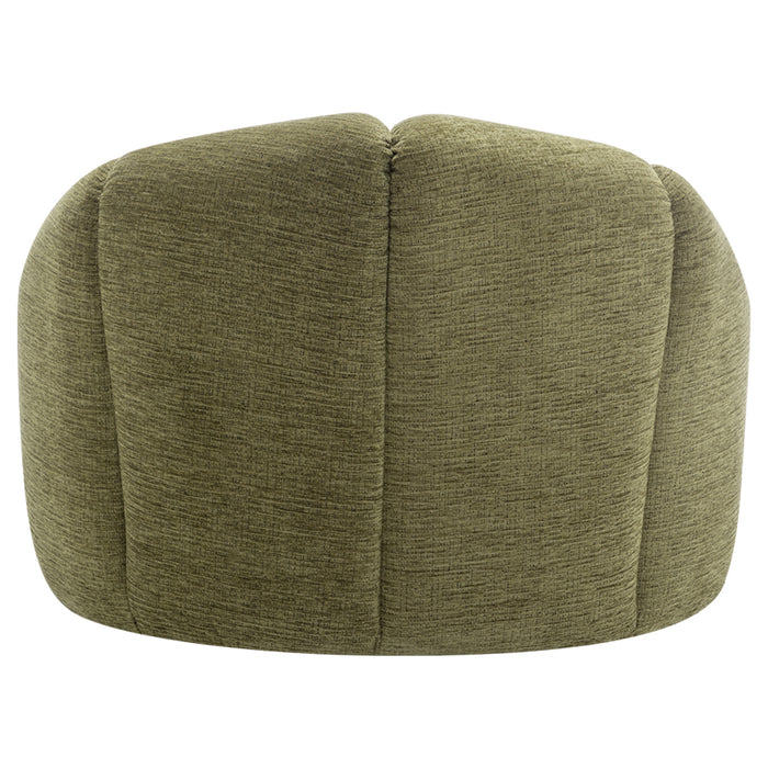 [Brand] olive green textured ottoman with curved cushioned design.