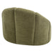 Olive green modern armchair by [Brand], with textured fabric.