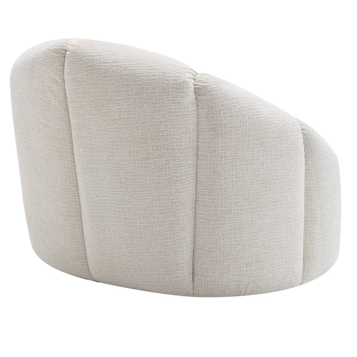 Curved, beige upholstered chair back with vertical stitching, [Brand].