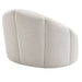 Curved, beige upholstered chair back with vertical stitching, [Brand].