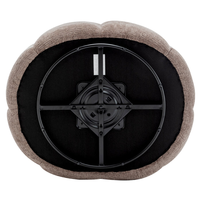 Underside of [Brand] ottoman with visible black metal frame.