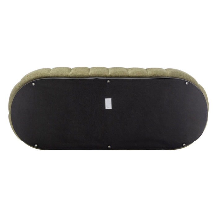 Oval green plush ottoman by [Brand], bottom view shown.