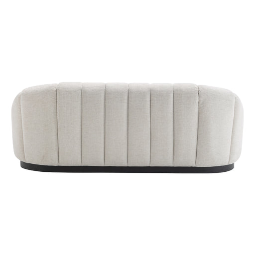 [Brand] cream tufted ottoman with textured fabric and base.
