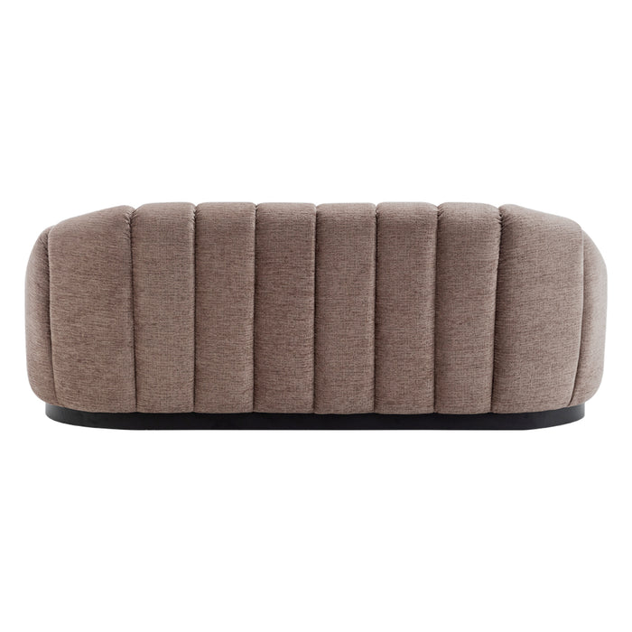 Brown upholstered sofa with vertical stitching by [Brand].