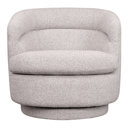 [Brand] modern light grey swivel chair with curved design.