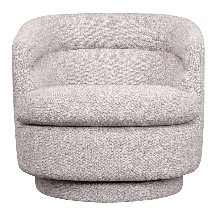 [Brand] modern light grey swivel chair with curved design.