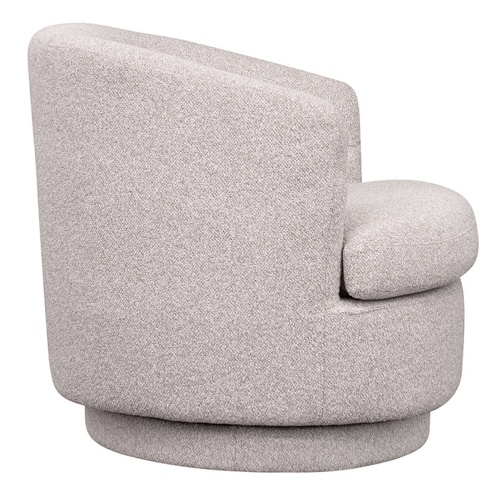 [Brand] grey upholstered swivel chair with rounded back and seat.