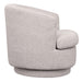 [Brand] grey upholstered swivel chair with rounded back and seat.